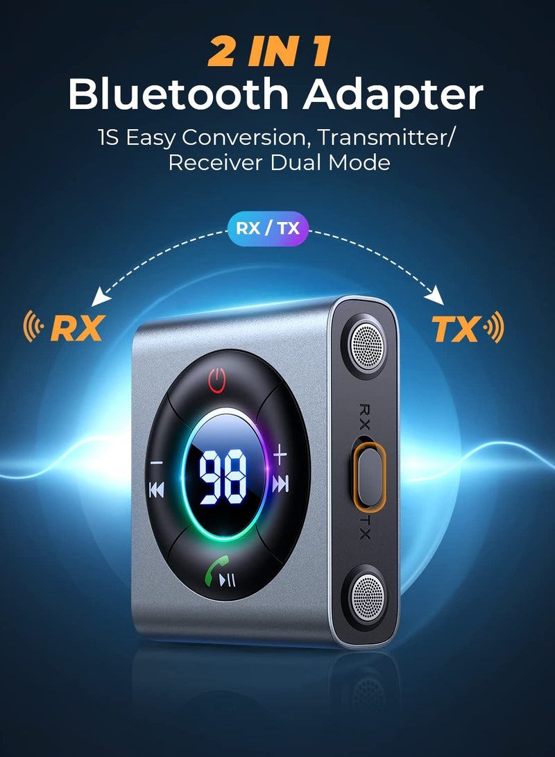 Bluetooth 5.3 Car Adapter, 2-in-1 Transmitter  Receiver with Dual Mics, LED Display, 3.5mm AUX for Car Audio, Home Stereo, TV, Airplane, PC, and Speakers, Metal Design. - Image 2