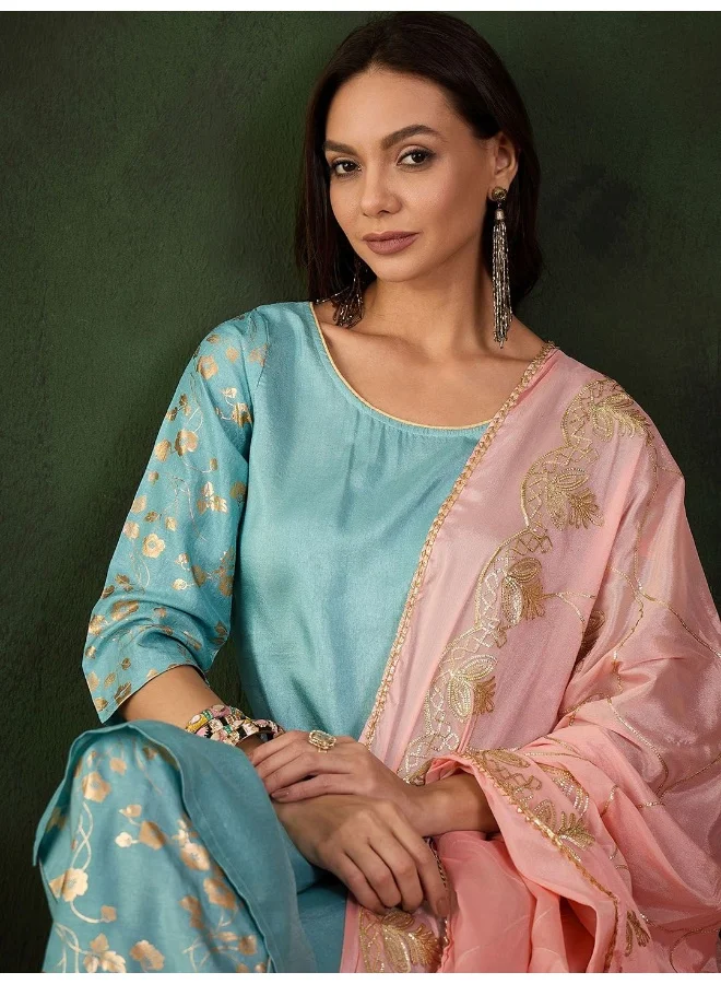 AKS Powder Blue Gold Foil Kurta Sharara Set With Peach Gota EmbroideredDupatta