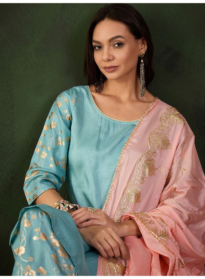 AKS Powder Blue Gold Foil Kurta Sharara Set With Peach Gota EmbroideredDupatta - Image 1
