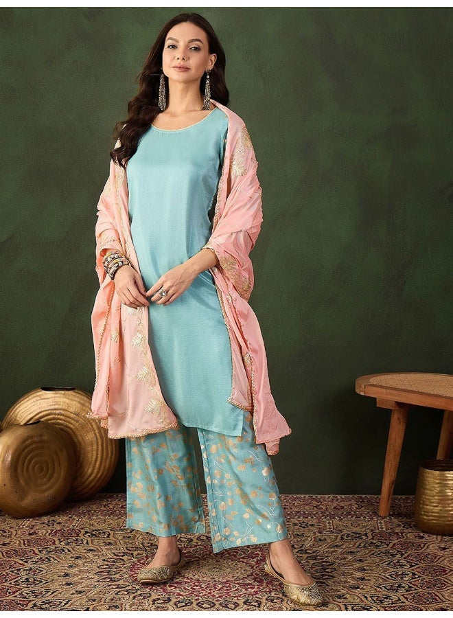 AKS Powder Blue Gold Foil Kurta Sharara Set With Peach Gota EmbroideredDupatta - Image 3