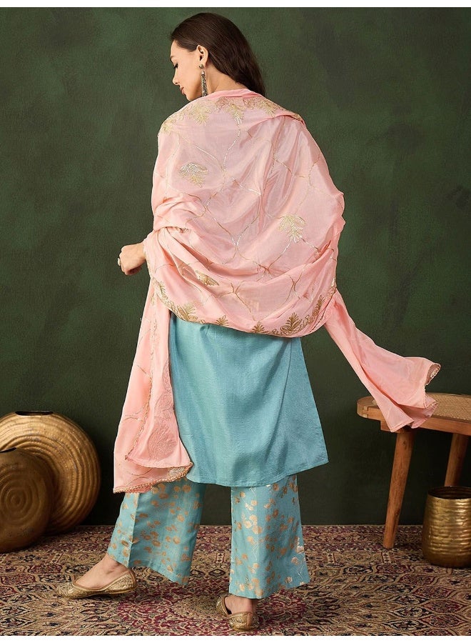 AKS Powder Blue Gold Foil Kurta Sharara Set With Peach Gota EmbroideredDupatta - Image 4