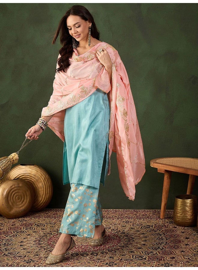 AKS Powder Blue Gold Foil Kurta Sharara Set With Peach Gota EmbroideredDupatta - Image 5