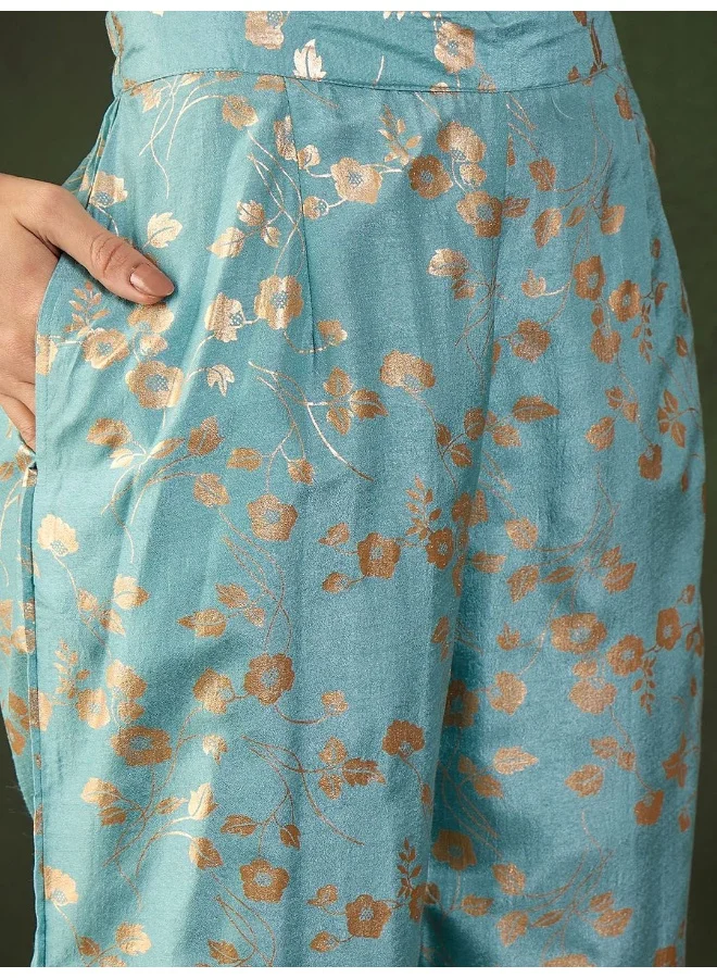 AKS Powder Blue Gold Foil Kurta Sharara Set With Peach Gota EmbroideredDupatta
