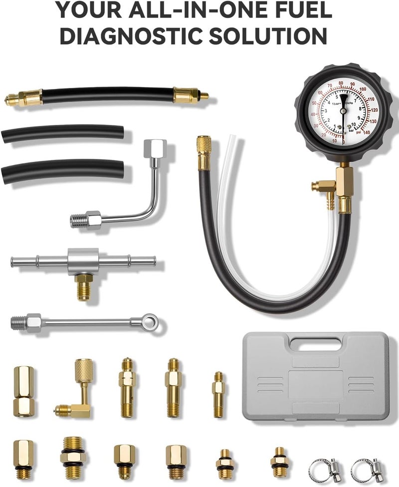 طقم اختبار ضغط الوقود 0-140 PSI مع محولات للسيارات والشاحنات والمركبات الرباعية وحاقن مضخة الوقود وأداة تشخيص مقياس ضغط الوقود - Image 2