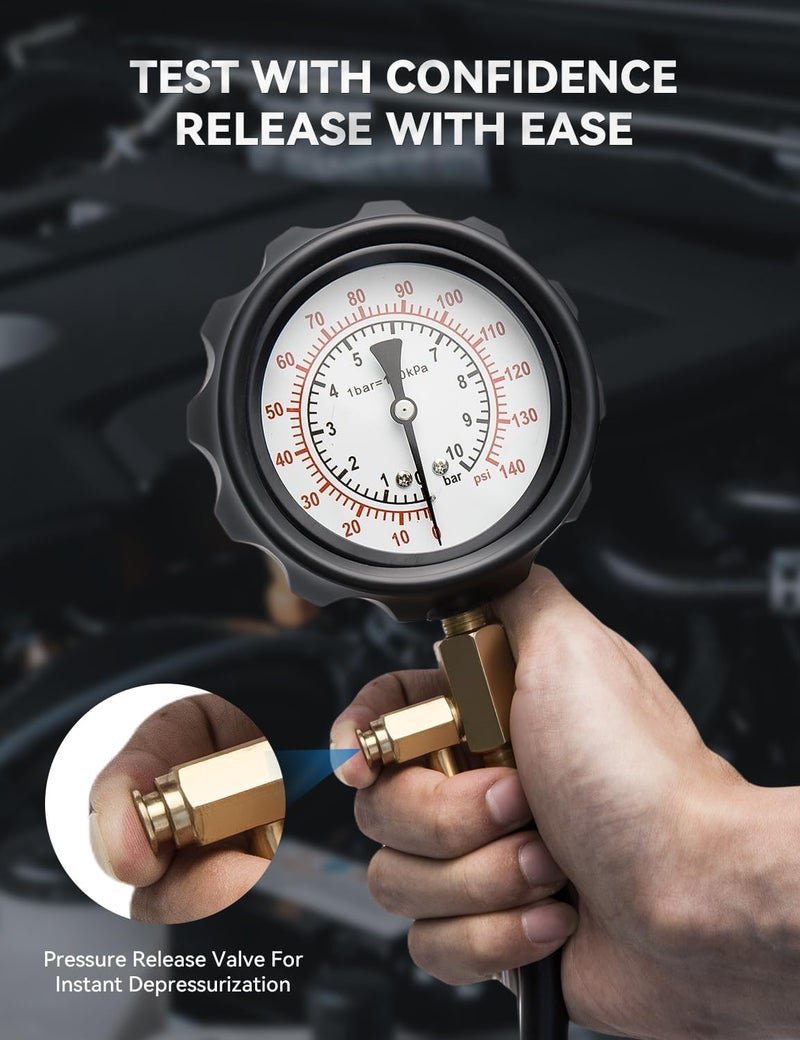 طقم اختبار ضغط الوقود 0-140 PSI مع محولات للسيارات والشاحنات والمركبات الرباعية وحاقن مضخة الوقود وأداة تشخيص مقياس ضغط الوقود - Image 4