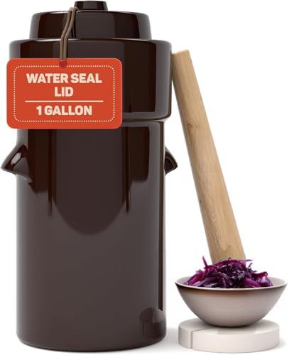 Kenley Fermentation Crock 1 Gallon - Sauerkraut Crock with Lid, Weights & Pounder - Ceramic Fermenting Crock Kit for Pickling Cabbage Kimchi Vegetables - 4 Liter Fermentation Jar - Stoneware Pickle Pot - Image 1