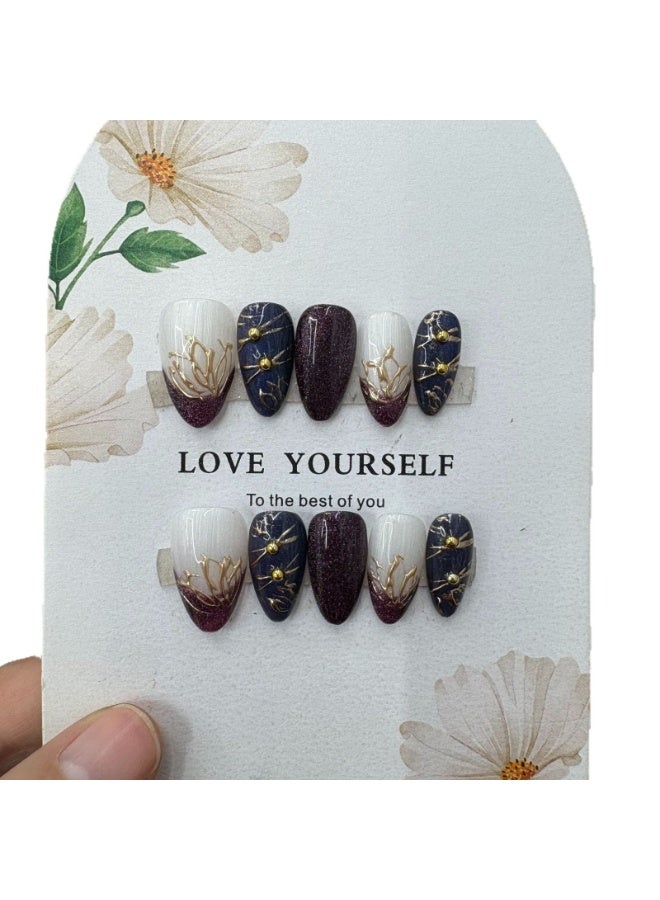 RnMoMo Handcrafted Almond Press On Nails, Vintage Navy Burgundy Glitter with Gold Crack Lines & Metal Studs - Image 2