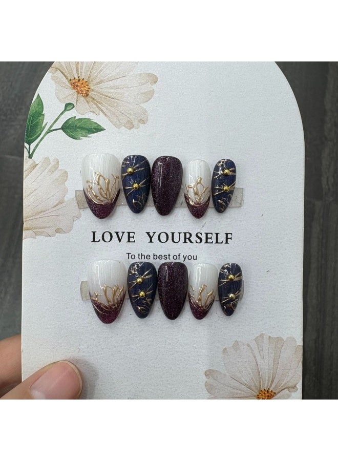 RnMoMo Handcrafted Almond Press On Nails, Vintage Navy Burgundy Glitter with Gold Crack Lines & Metal Studs - Image 1