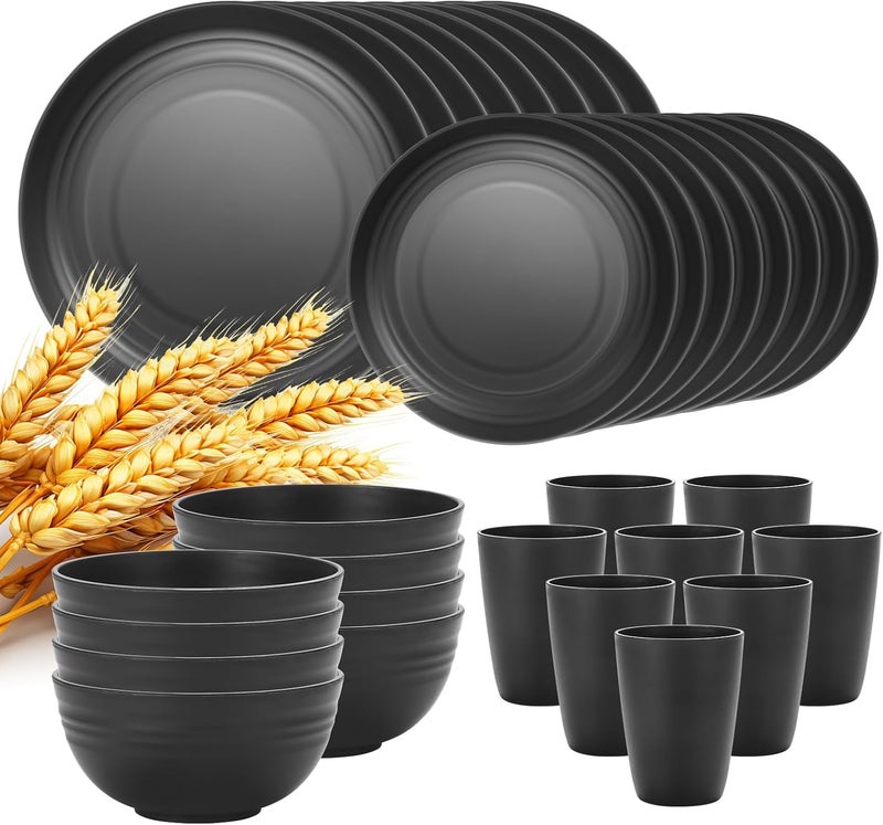 Lazycorner 32Pcs Kitchen Wheat Straw Dinnerware Set Service for 8 Plastic Reuasble Dinner Dishes Serving Plate Set for Kitchen Including Dinner Plate Dessert Plates Bowl CupBlack - Image 1