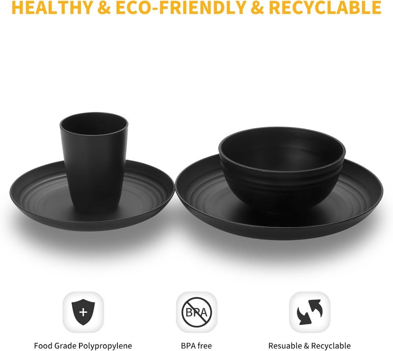 Lazycorner 32Pcs Kitchen Wheat Straw Dinnerware Set Service for 8 Plastic Reuasble Dinner Dishes Serving Plate Set for Kitchen Including Dinner Plate Dessert Plates Bowl CupBlack - Image 3