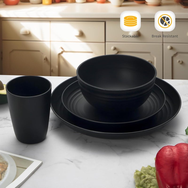 Lazycorner 32Pcs Kitchen Wheat Straw Dinnerware Set Service for 8 Plastic Reuasble Dinner Dishes Serving Plate Set for Kitchen Including Dinner Plate Dessert Plates Bowl CupBlack - Image 5