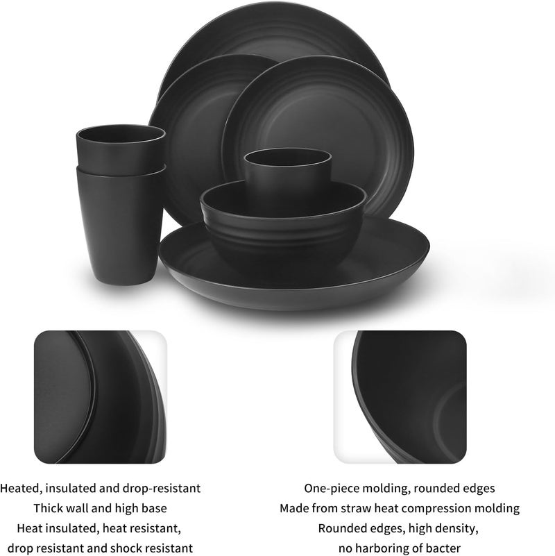Lazycorner 32Pcs Kitchen Wheat Straw Dinnerware Set Service for 8 Plastic Reuasble Dinner Dishes Serving Plate Set for Kitchen Including Dinner Plate Dessert Plates Bowl CupBlack - Image 4