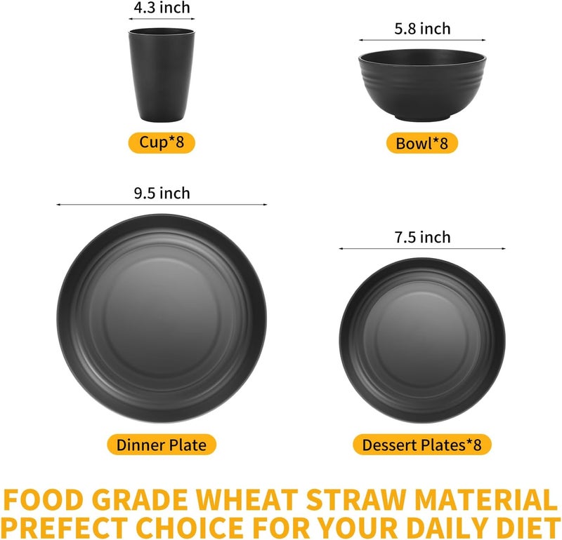 Lazycorner 32Pcs Kitchen Wheat Straw Dinnerware Set Service for 8 Plastic Reuasble Dinner Dishes Serving Plate Set for Kitchen Including Dinner Plate Dessert Plates Bowl CupBlack - Image 2