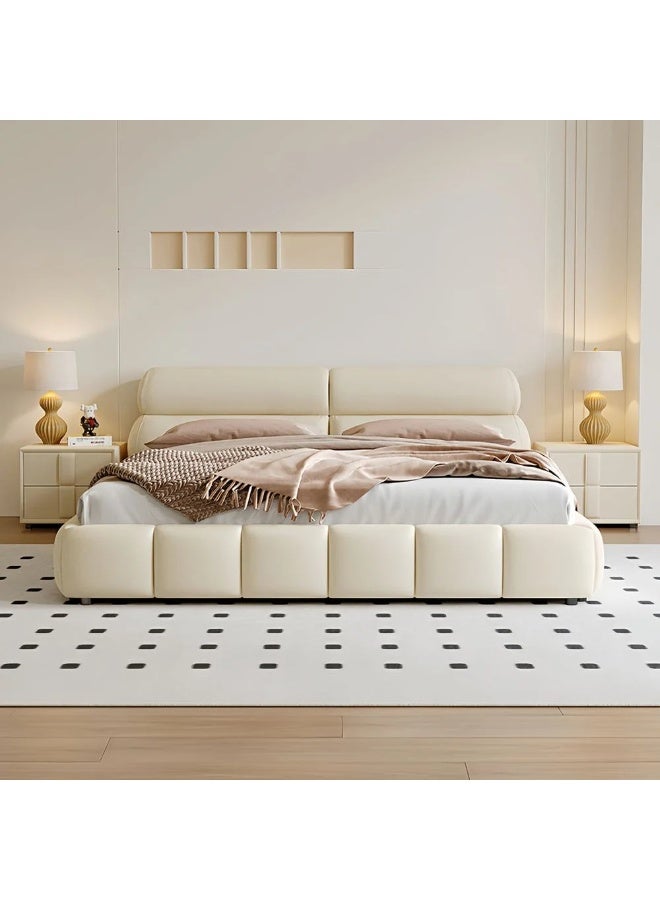 الزخارف للمفروشات سرير ألينا عصري مبطن – مقاس كينج 180×200 سم، قماش بوكليه ناعم مع لوح رأس مبطن، تصميم منخفض فاخر لغرفة النوم، طابع معاصر أنيق – لون كريمي بيج - Image 1