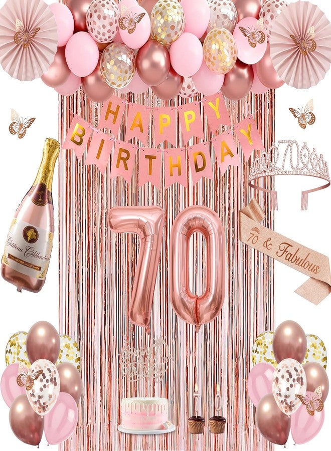 Juesly 70th Birthday Decorations for Women, Rose Gold 70th Birthday Decorations, 70 Sash and Crown, Banner, Fringe Curtains, Hanging Paper Fans, 70 Year Old Party Supplies Set - Image 1