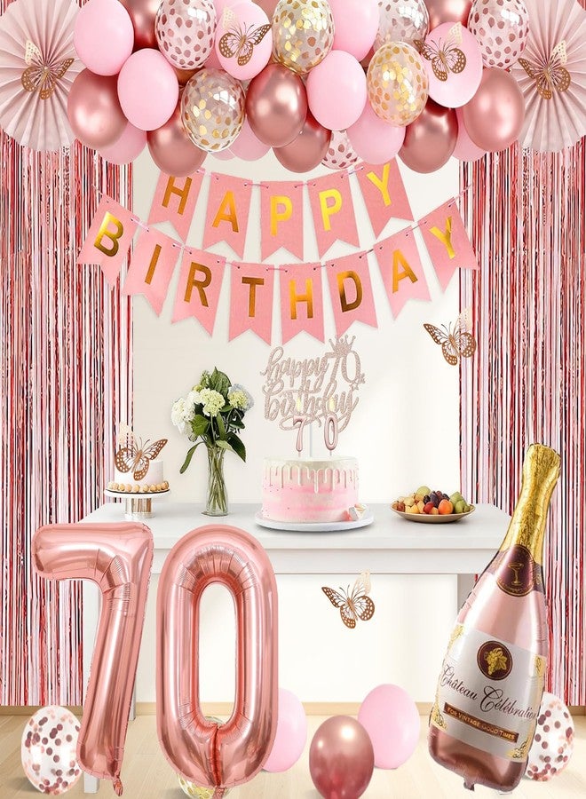 Juesly 70th Birthday Decorations for Women, Rose Gold 70th Birthday Decorations, 70 Sash and Crown, Banner, Fringe Curtains, Hanging Paper Fans, 70 Year Old Party Supplies Set - Image 5