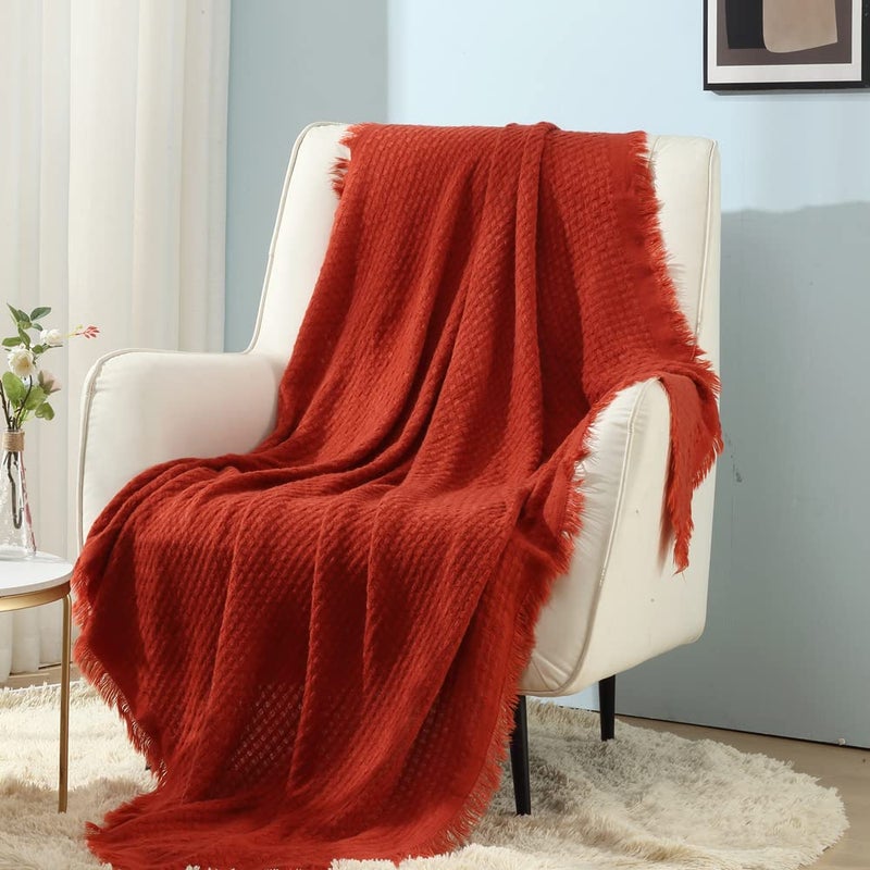 بطانية كروشيه خفيفة الوزن 50X60 من كريفنت للمزرعة، قابلة للتنفس، لفصل الربيع والصيف والخريف، لون برتقالي محترق/أحمر طوبي، وفل ويفل أحمر عيد الميلاد