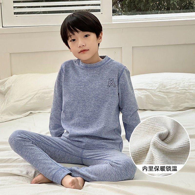 2024 color matching brushed velvet childrens autumn clothes long pants thermal underwear suit autumn and winter home clothes boys pajamas Crystal blue (wool mulberry silk velvet) 