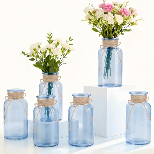 LEYIQU Vintage Glass Flower Vase, Farmhouse Glass Centerpiece Vases Mason Jars for Weddings, Parties & Home Decor Bulk (6, Blue) - Image 1
