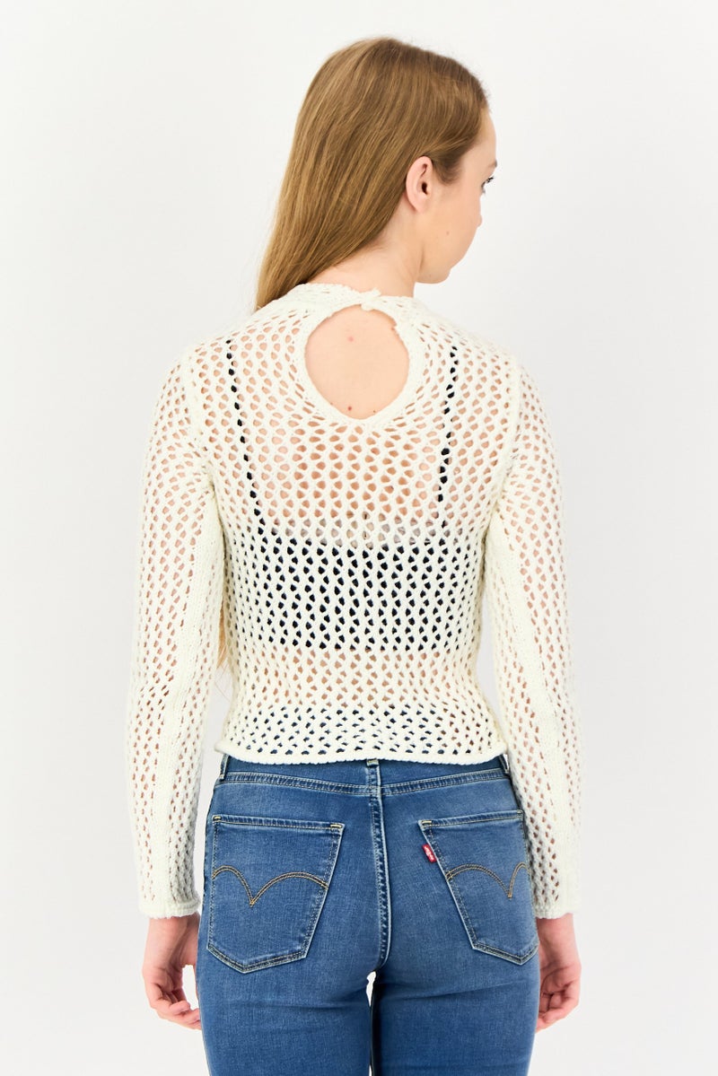 Bershka سويت شيرت كروشيه برقبة دائرية للنساء، أبيض فاتح - Image 2
