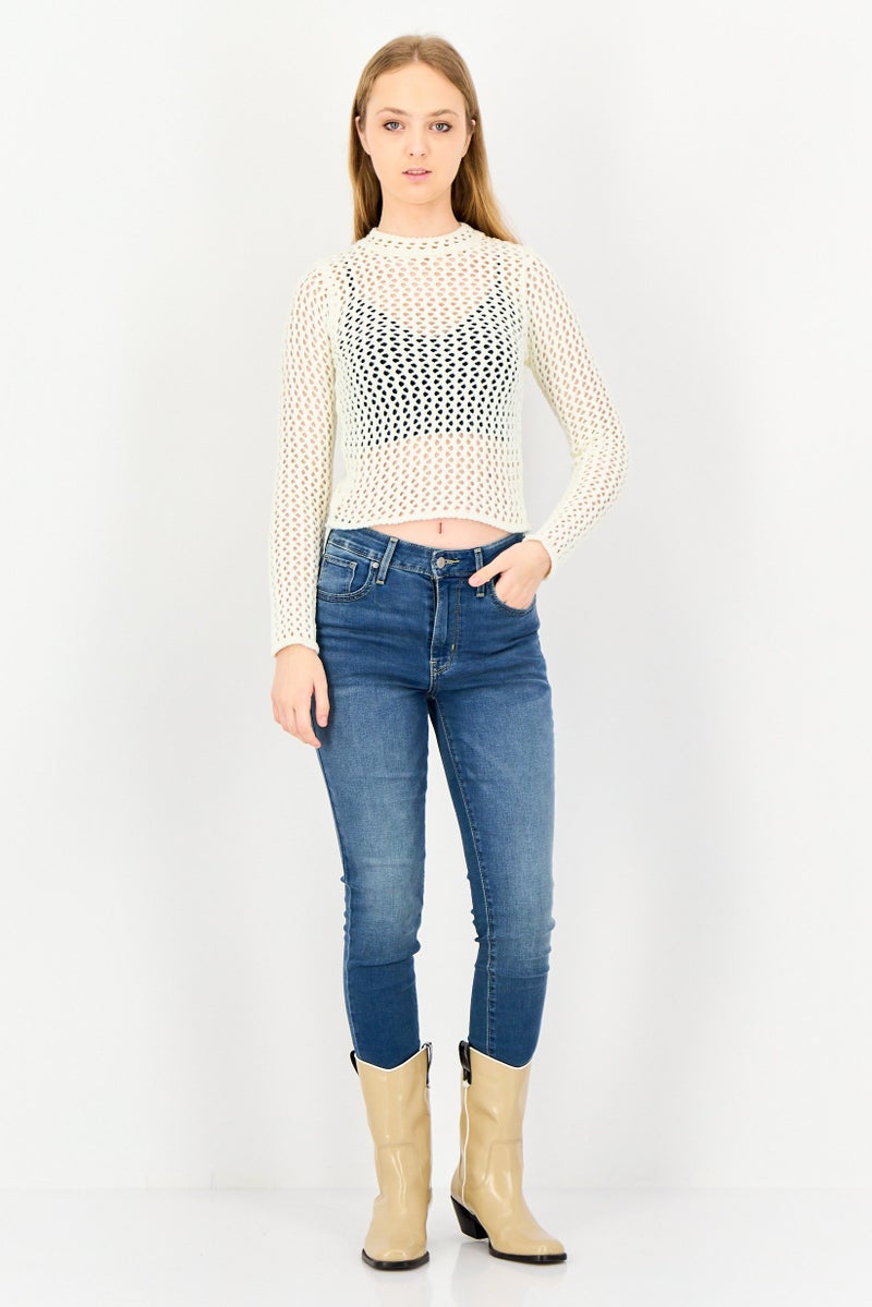 Bershka سويت شيرت كروشيه برقبة دائرية للنساء، أبيض فاتح - Image 3
