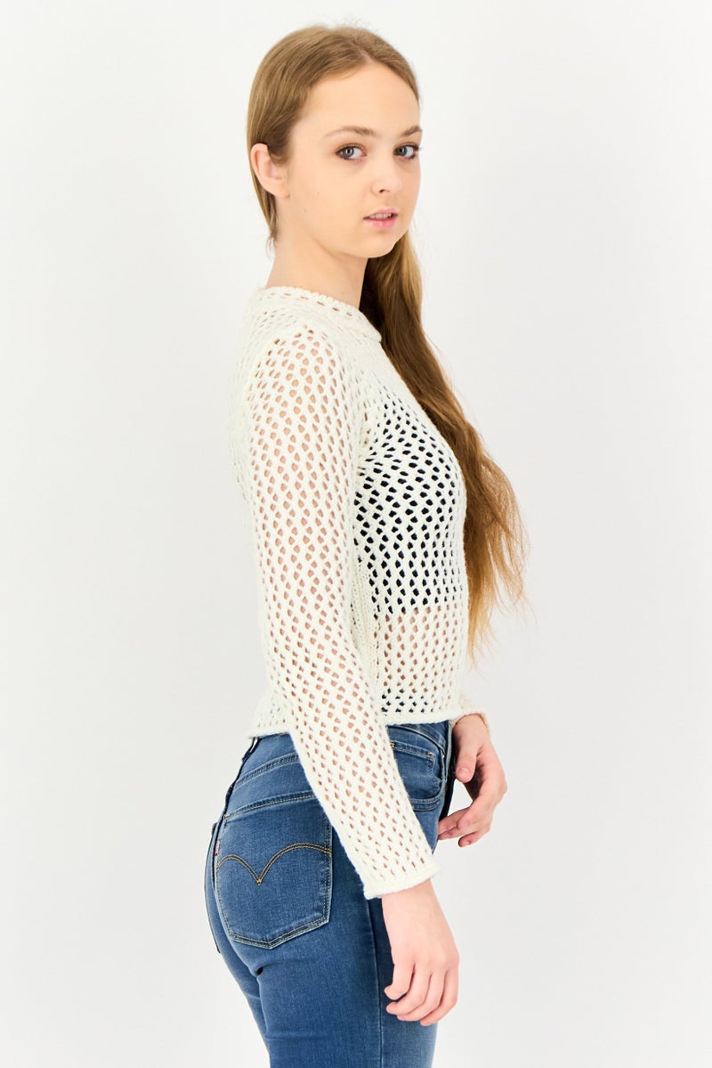 Bershka سويت شيرت كروشيه برقبة دائرية للنساء، أبيض فاتح - Image 4
