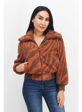 Women Spread Collar Long Sleeves Stripe Sweater, Brown