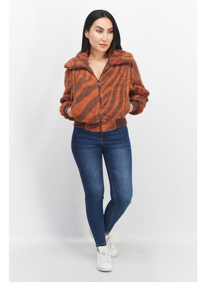 Don't Call Me Jennyfer - Women Spread Collar Long Sleeves Stripe Sweater, Brown - Image 1