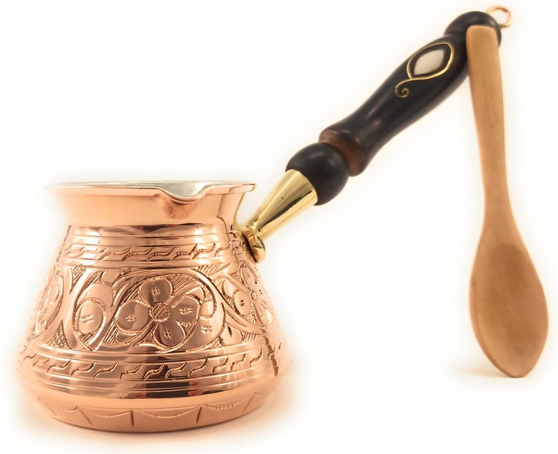 The Silk Road Trade ACI Series Small9 fl oz  Thickest Solid Engraved Copper Turkish Greek Arabic Coffee Pot Stovetop Coffee Maker Jazzve Cezve Ibrik Briki Caf Turco with Wooden Handle 