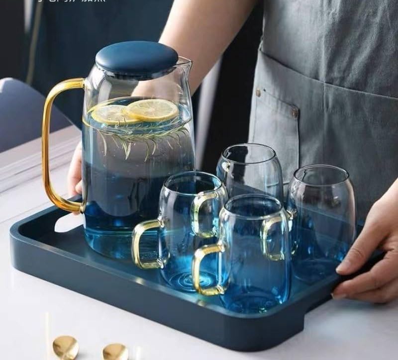 Generic Glass Sherbet Set, Pitcher + 4 Cups, Heat and Cold Resistant, Streamlined Shape (elamda)