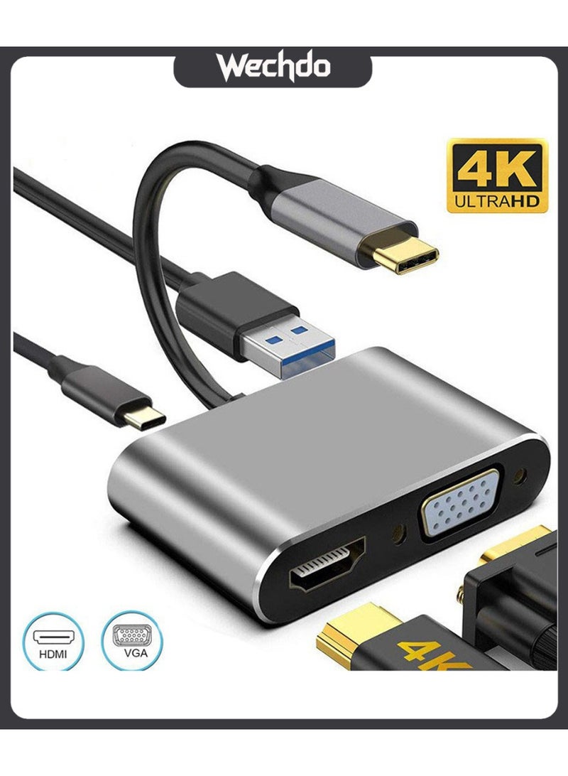 محول 4 في 1 من Type-C إلى HDTV وVGA، محول متعدد المنافذ بدقة 4K UHD مع منفذ USB 3.0 ومنفذ USB-C للشحن (Power Delivery)، متوافق مع أجهزة MacBook وأجهزة الكمبيوتر المحمولة والهواتف - اللون الرمادي