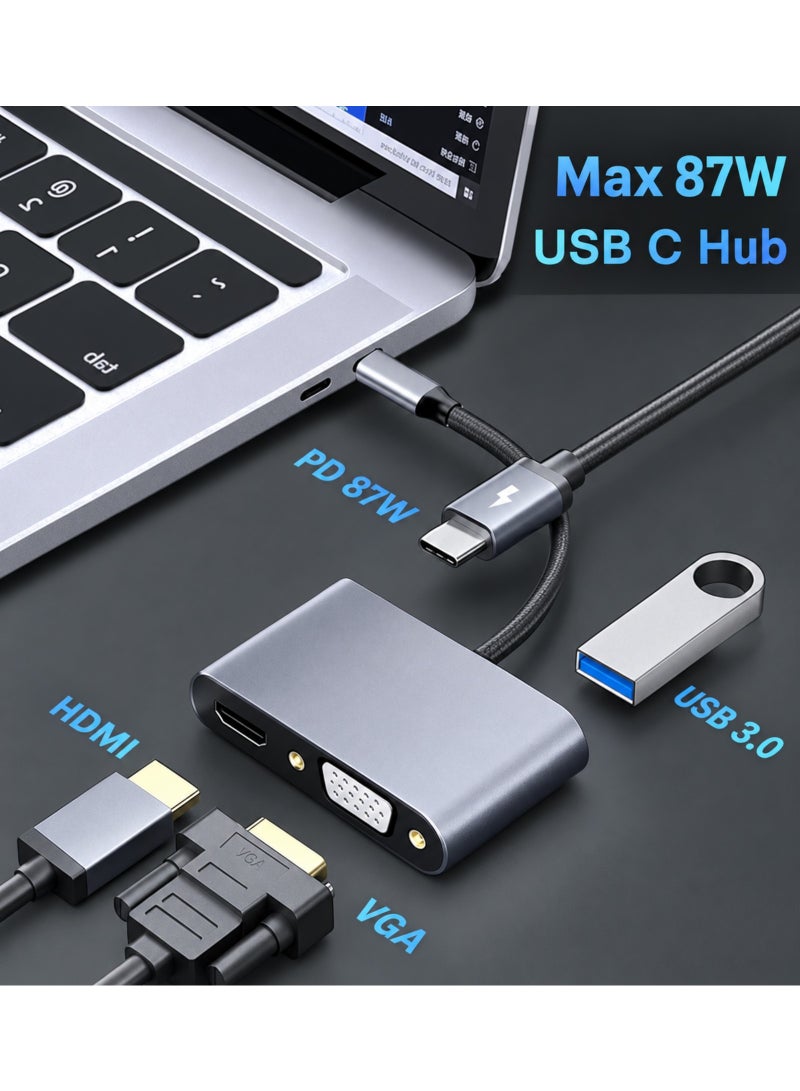 ويكدو محول 4 في 1 من Type-C إلى HDTV وVGA، محول متعدد المنافذ بدقة 4K UHD مع منفذ USB 3.0 ومنفذ USB-C للشحن (Power Delivery)، متوافق مع أجهزة MacBook وأجهزة الكمبيوتر المحمولة والهواتف - اللون الرمادي - Image 2