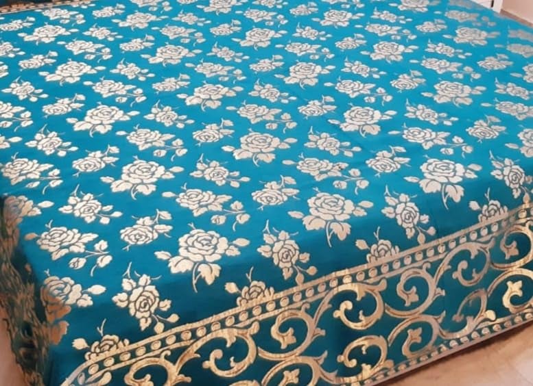 jayvaam Velvet Queen Size Bedsheet Set, 3 Piece Jaquard Weaved Long Life Bedsheet With 2 Pillow Covers, Coffee Colour (Blue), 250 TC - Image 2