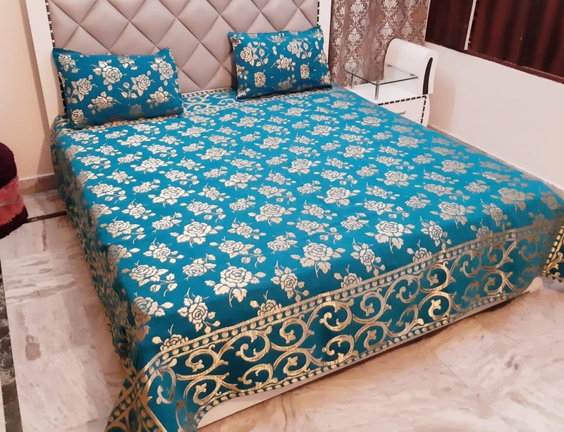 jayvaam Velvet Queen Size Bedsheet Set, 3 Piece Jaquard Weaved Long Life Bedsheet With 2 Pillow Covers, Coffee Colour (Blue), 250 TC - Image 5