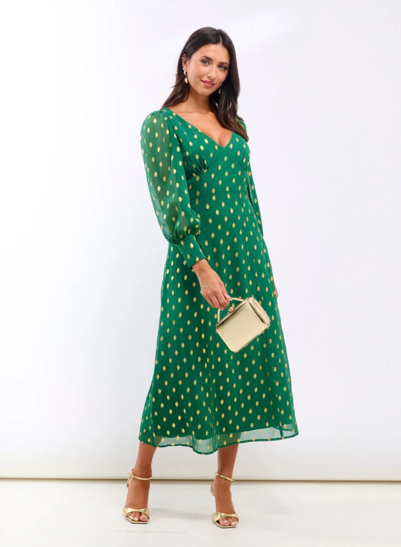 Needs No Label  Green Foil Long Sleeve Midaxi Dress for Women | Best Price UAE