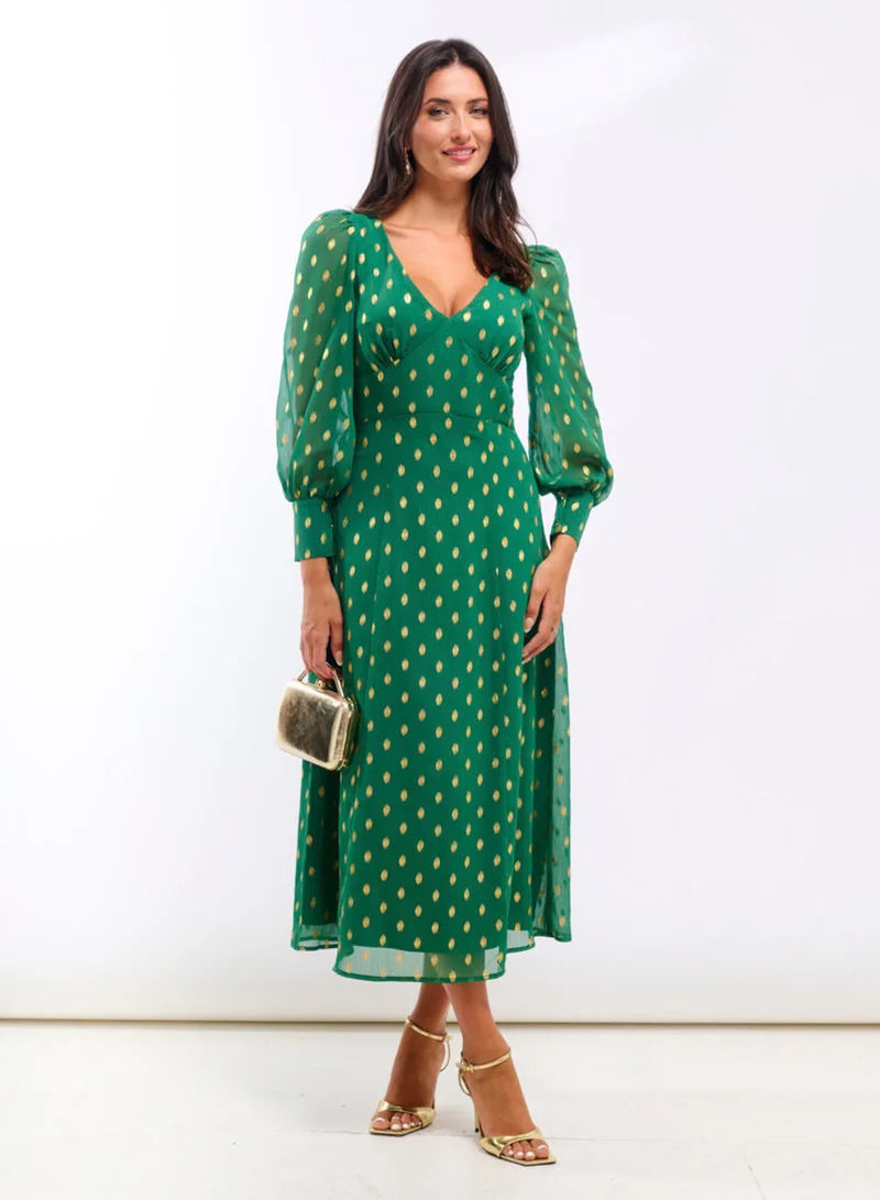 Green Foil Long Sleeve Midaxi Dress