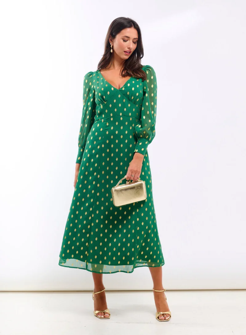 Needs No Label  Green Foil Long Sleeve Midaxi Dress for Women | Best Price UAE