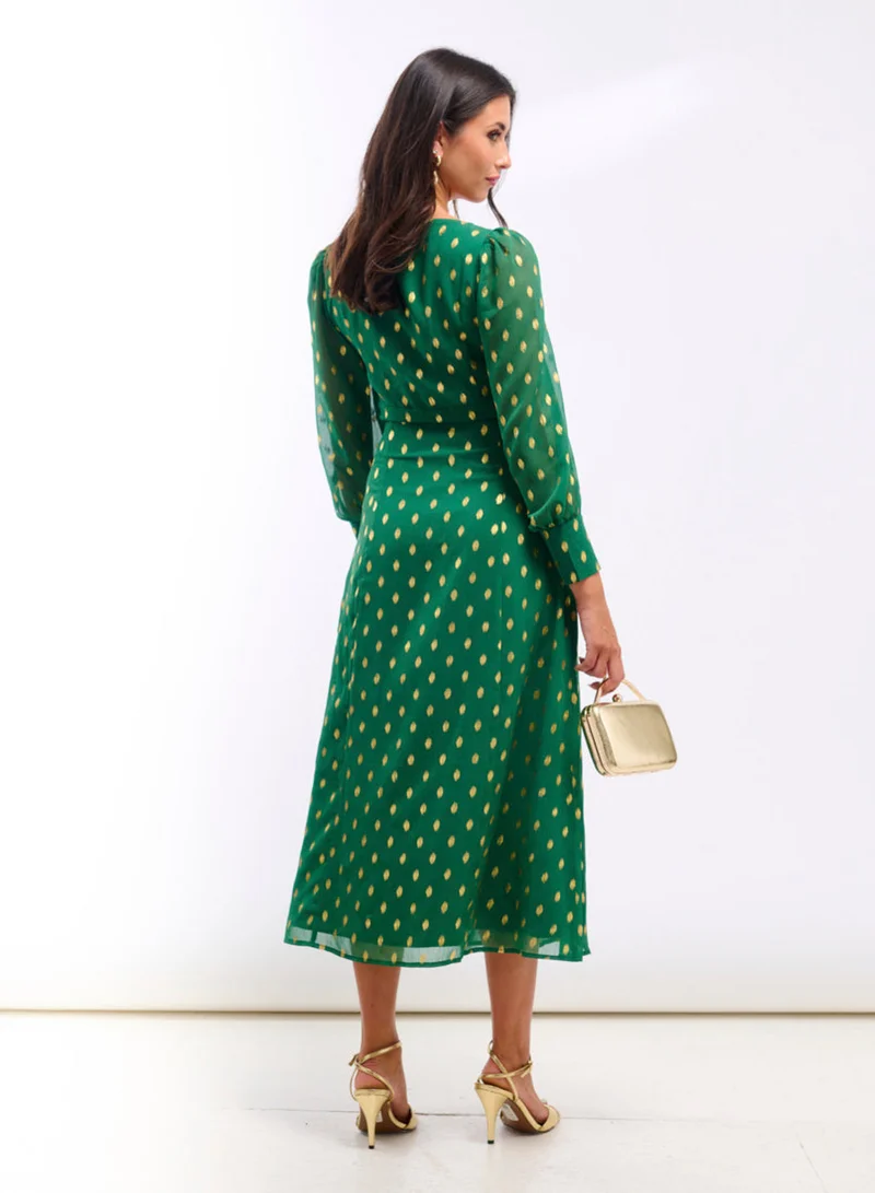 Needs No Label  Green Foil Long Sleeve Midaxi Dress for Women | Best Price UAE