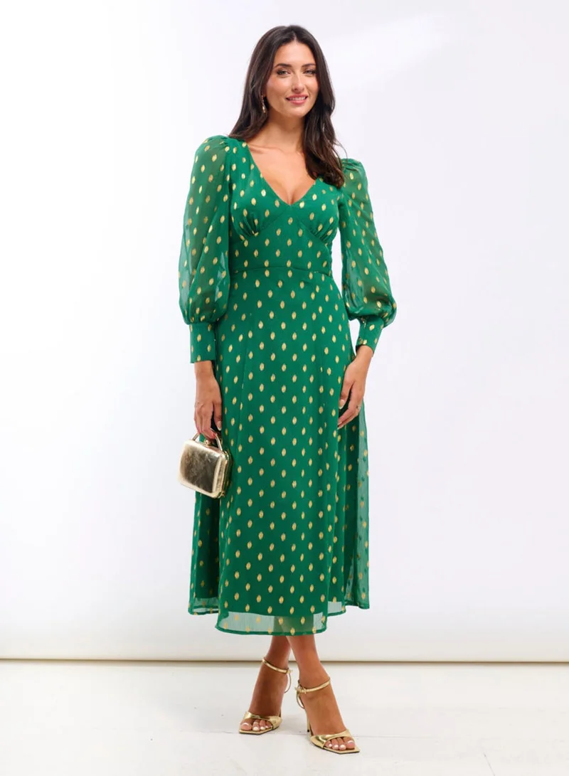 نيدز نو ليبل Green Chiffon Gold Foil Spot Long Sleeve Midaxi Dress