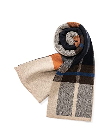 Villand Australian Merino Wool Tartan Knitted Scarf for Men, Plaid Winter Warm Thick Soft Neckwear with Gift Box, 12" W x 70" L (Camel Orange Tartan) - Image 1