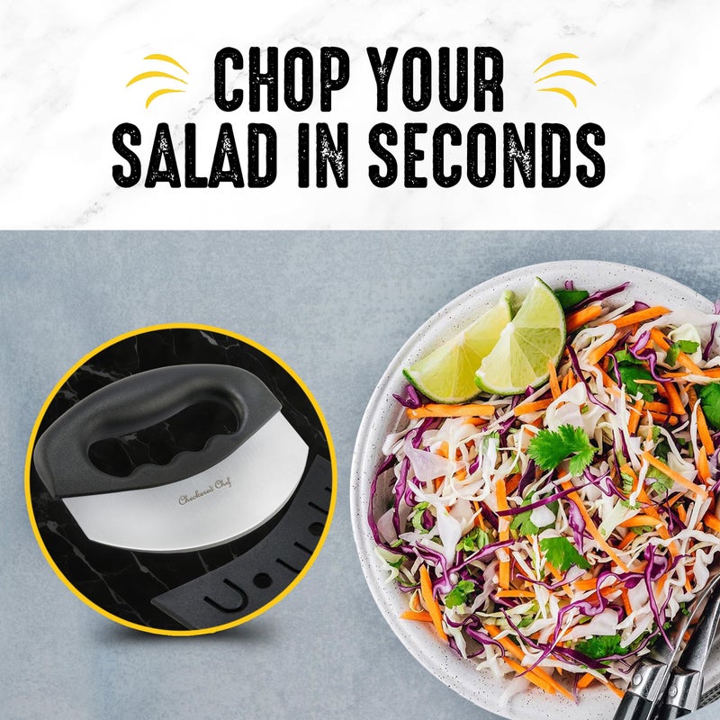 Checkered Chef Salad Chopper Tool with Cover, Mezzaluna Knife Stainless Steel Vegetable Rocker, Mincer, Cutter - Image 2