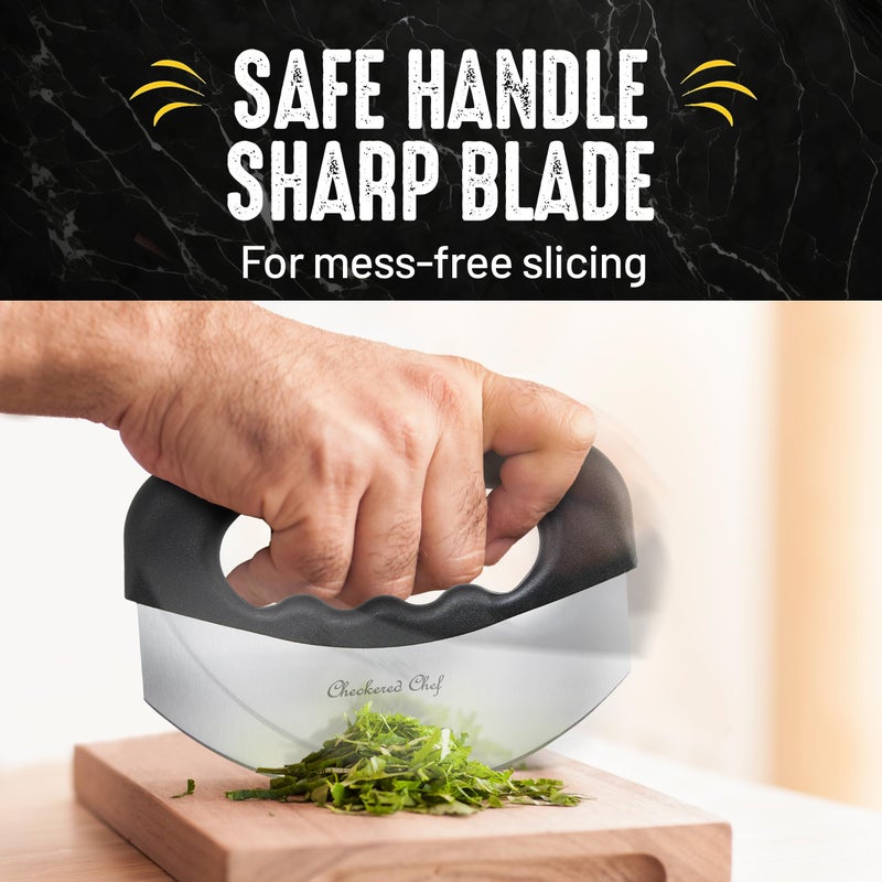 Checkered Chef Salad Chopper Tool with Cover, Mezzaluna Knife Stainless Steel Vegetable Rocker, Mincer, Cutter - Image 3