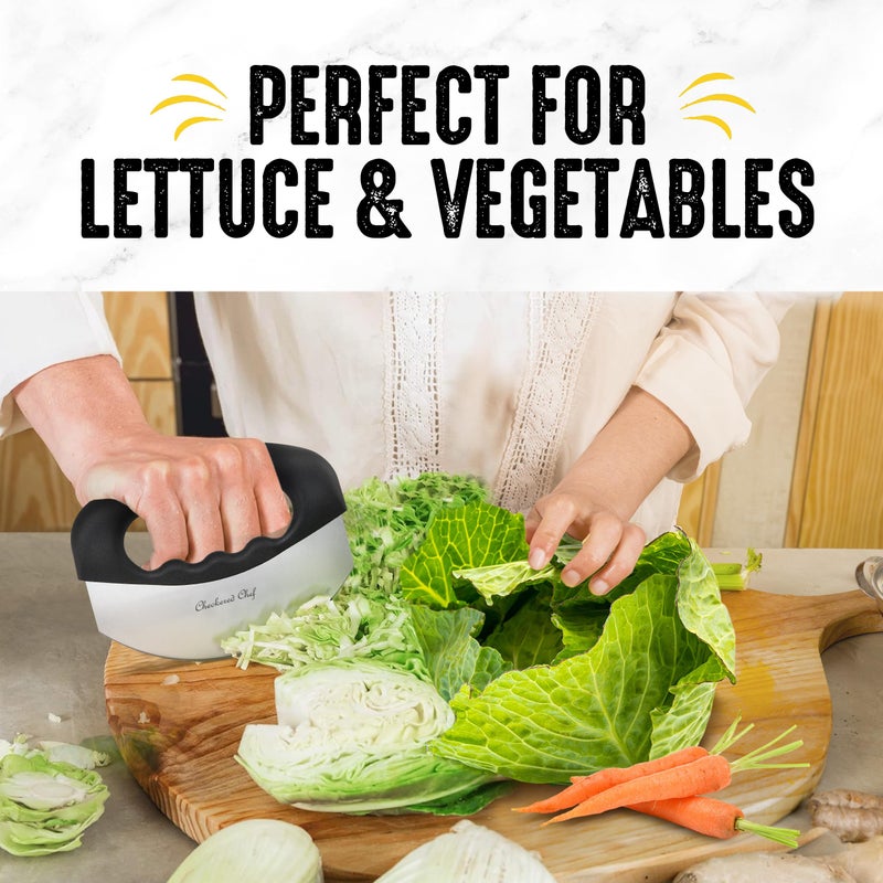 Checkered Chef Salad Chopper Tool with Cover, Mezzaluna Knife Stainless Steel Vegetable Rocker, Mincer, Cutter - Image 4