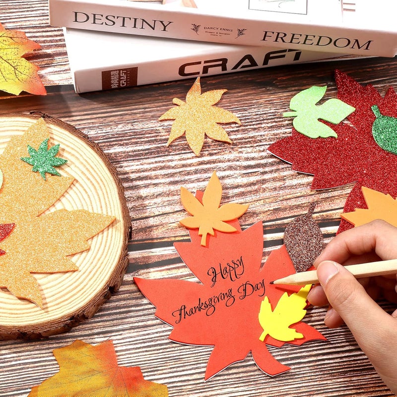 كلاراكو 224 قطعة من ملصقات أوراق الشجر الرغوية لعيد الشكر في الخريف، حرف يدوية على شكل أوراق الشجر ذاتية اللصق، ملصقات لامعة لعيد الشكر، ملصقات رغوية لامعة لحفلات الأطفال في الخريف، حرف يدوية (ألوان مختلطة، نمط كلاسيكي) - Image 4