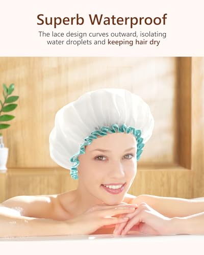 mikimini White Shower Caps for Women Long Hair,2 Pack,Large Size,Reusable,Waterproof Washable Hair Caps for Women and Girls, Super Cute and Extra Large - Image 5