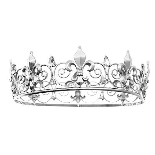 FORSEVEN Full Round King Crown- Metal Rhinestone Crowns and Tiaras for Women and Men Party Prom (HG340 Silver) - Image 1