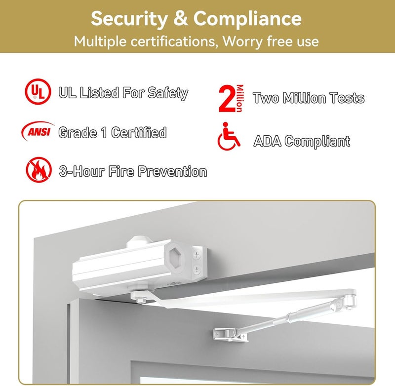 GEKRONE Automatic Door Closer Heavy Duty Fire Prevention Spring Hydraulic Aluminum Alloy Surface Mounted Residential Commerical Grade Door Closer Adjustable Speed Door Weights 99-187 Lbs Size2-White - Image 5