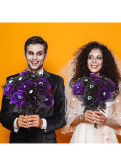 Mtlee MTLEE 12 Pieces Halloween Eyeball Flowers Artificial Silk Roses Flowers with Eyeballs Faux Eyeballs Rose Gothic Rose Bushes for Halloween Party Home Decorations(Black, Purple)  - Image 3
