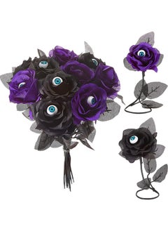 Mtlee MTLEE 12 Pieces Halloween Eyeball Flowers Artificial Silk Roses Flowers with Eyeballs Faux Eyeballs Rose Gothic Rose Bushes for Halloween Party Home Decorations(Black, Purple)  - Image 1