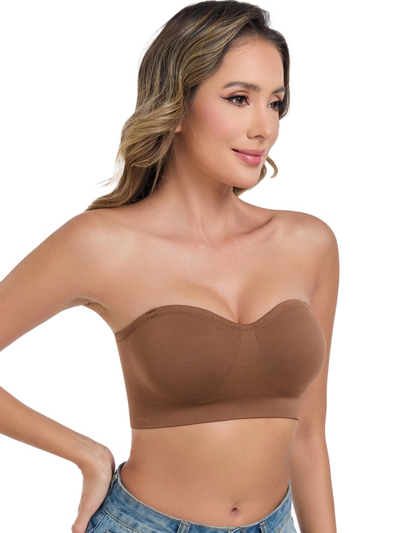 ANGOOL Strapless Bras for Women Wirefree Non-Slip Tube Top Invisible Bralette Seamless Padded Bandeau Bra, Brown, M - Image 2